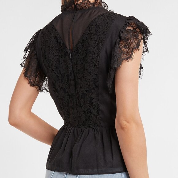 Express | Black Lace Organza Short Sleeve Peplum Top | Size Small - Picture 3 of 13